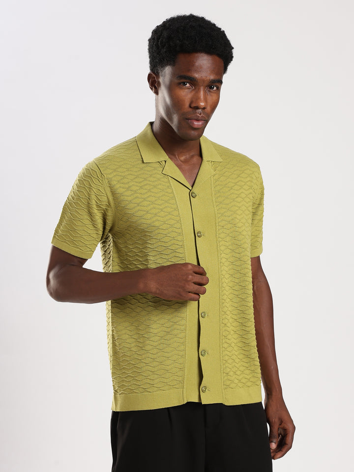Green Textured Regular Fit Flat Knit Shirt