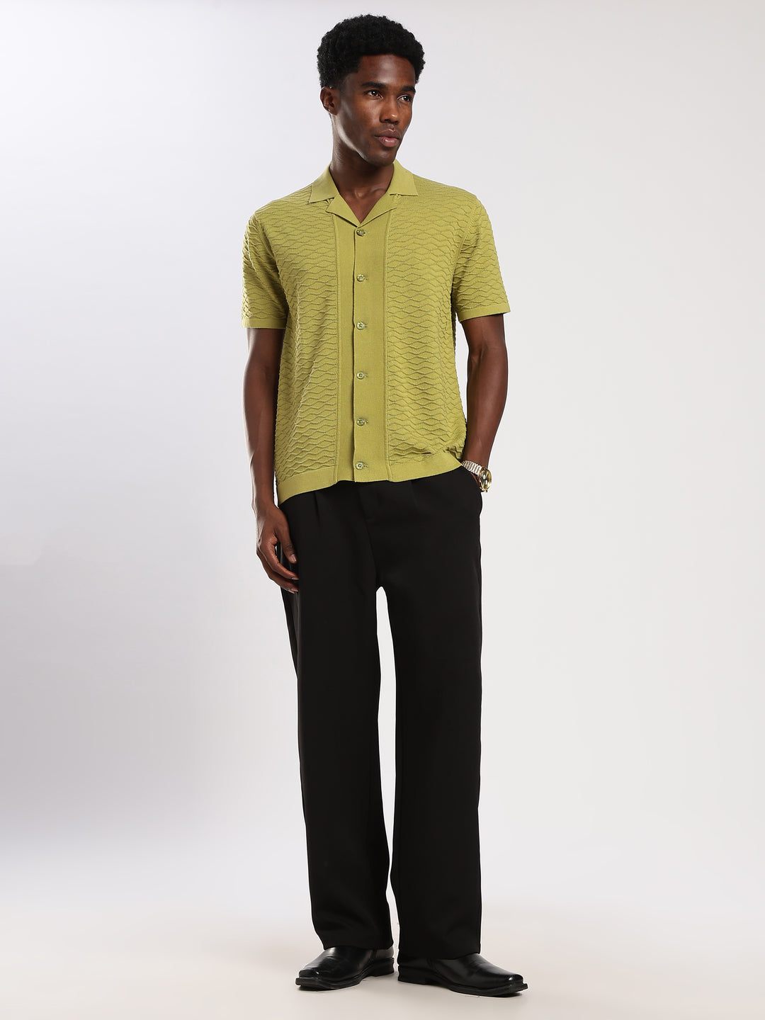 Green Textured Regular Fit Flat Knit Shirt