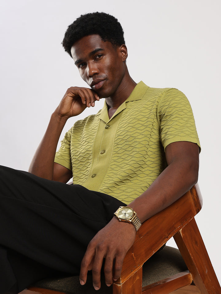 Green Textured Regular Fit Flat Knit Shirt