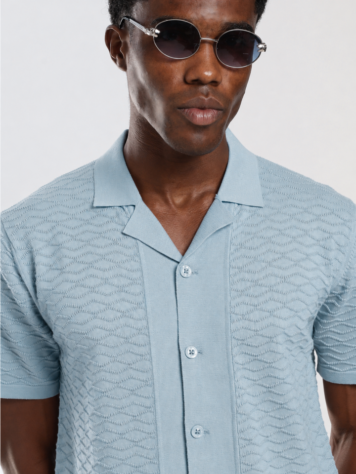 Blue Textured Regular Fit Flat Knit Shirt