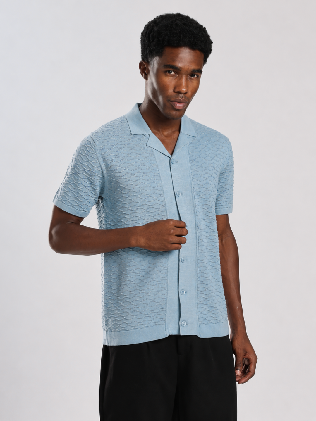 Blue Textured Regular Fit Flat Knit Shirt