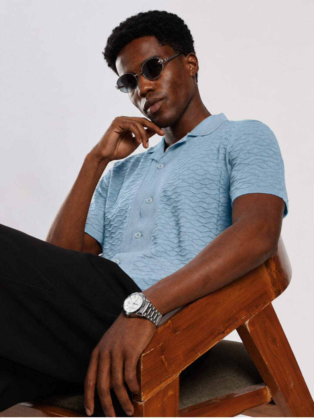 Blue Textured Regular Fit Flat Knit Shirt