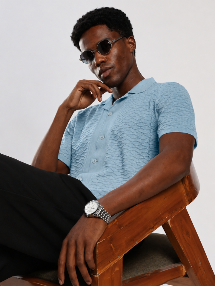 Blue Textured Regular Fit Flat Knit Shirt