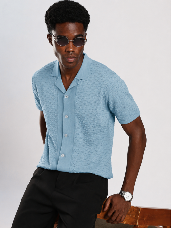Blue Textured Regular Fit Flat Knit Shirt
