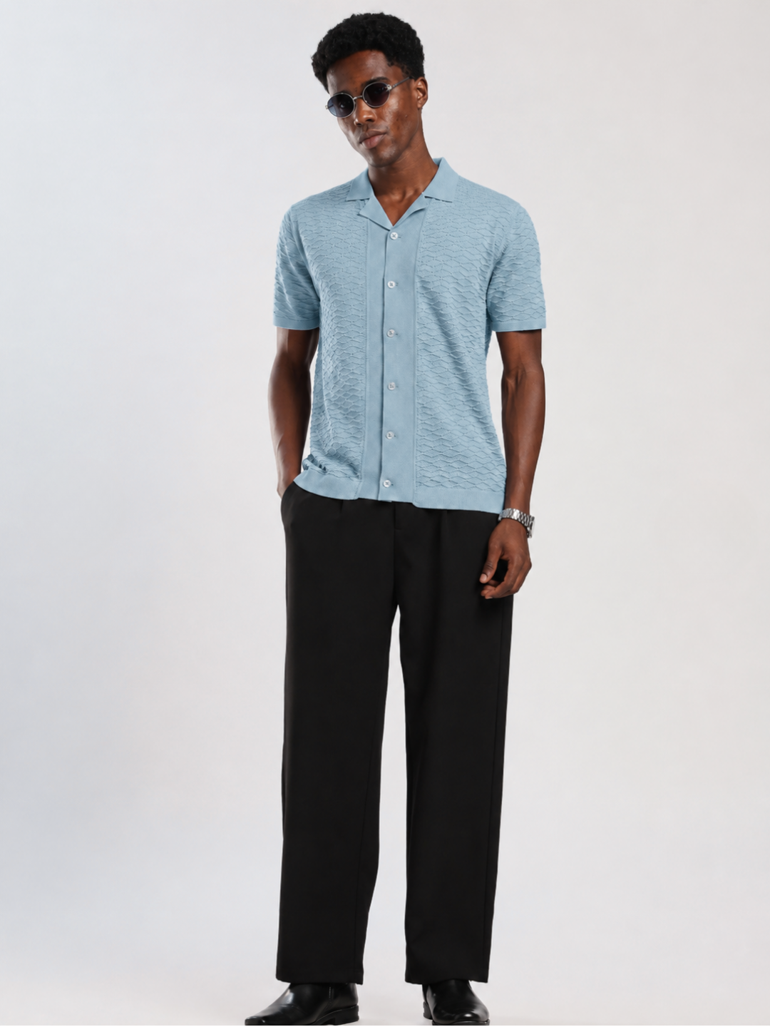 Blue Textured Regular Fit Flat Knit Shirt
