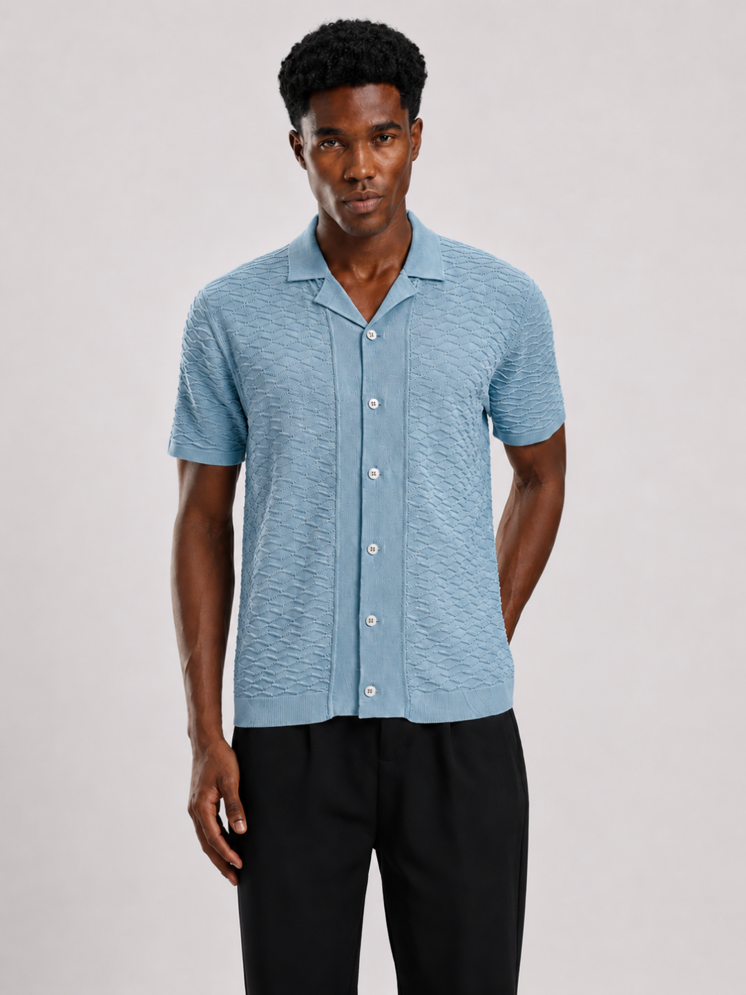 Blue Textured Regular Fit Flat Knit Shirt