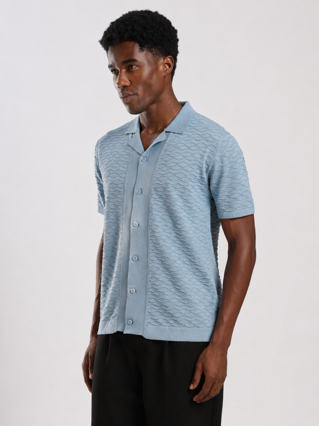 Blue Textured Regular Fit Flat Knit Shirt