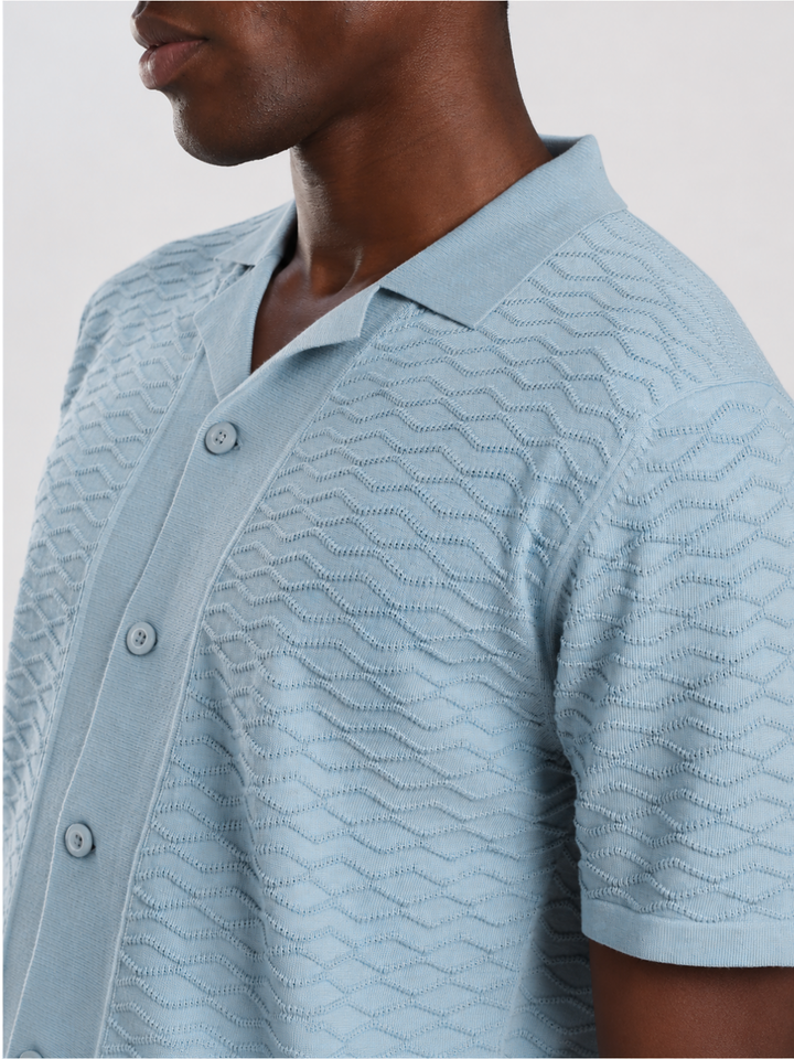 Blue Textured Regular Fit Flat Knit Shirt