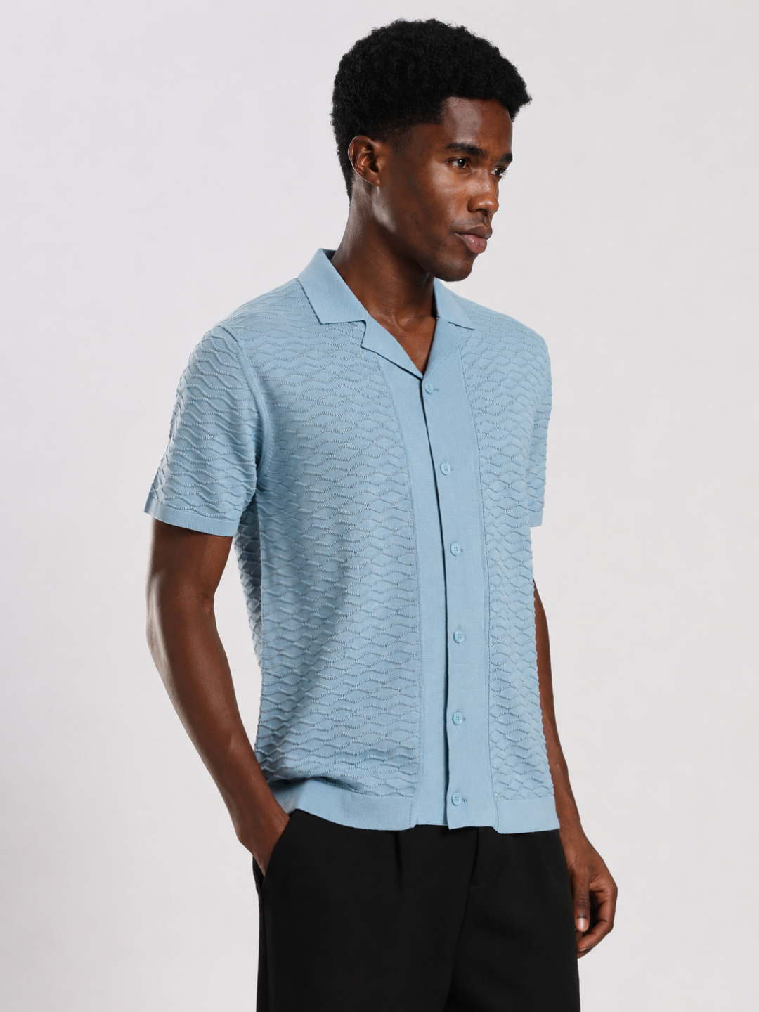 Blue Textured Regular Fit Flat Knit Shirt