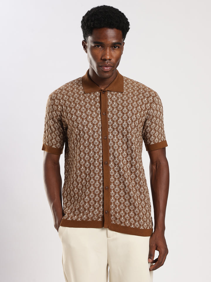 Dark Brown Jacquard Regular Fit Flat Knit Shirt