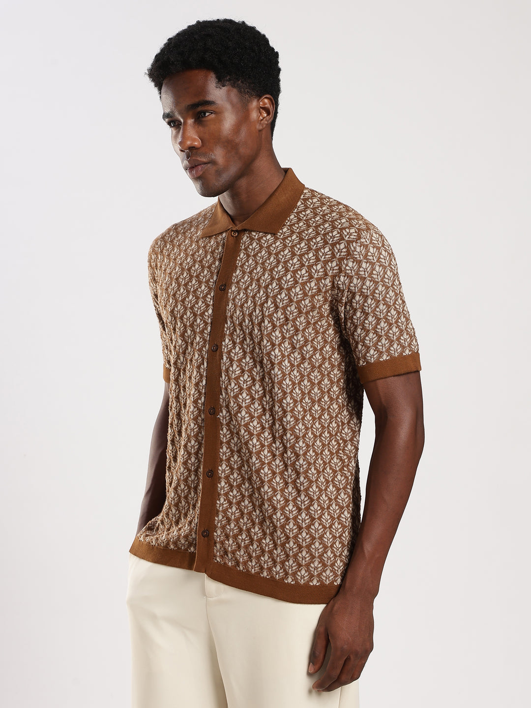 Dark Brown Jacquard Regular Fit Flat Knit Shirt