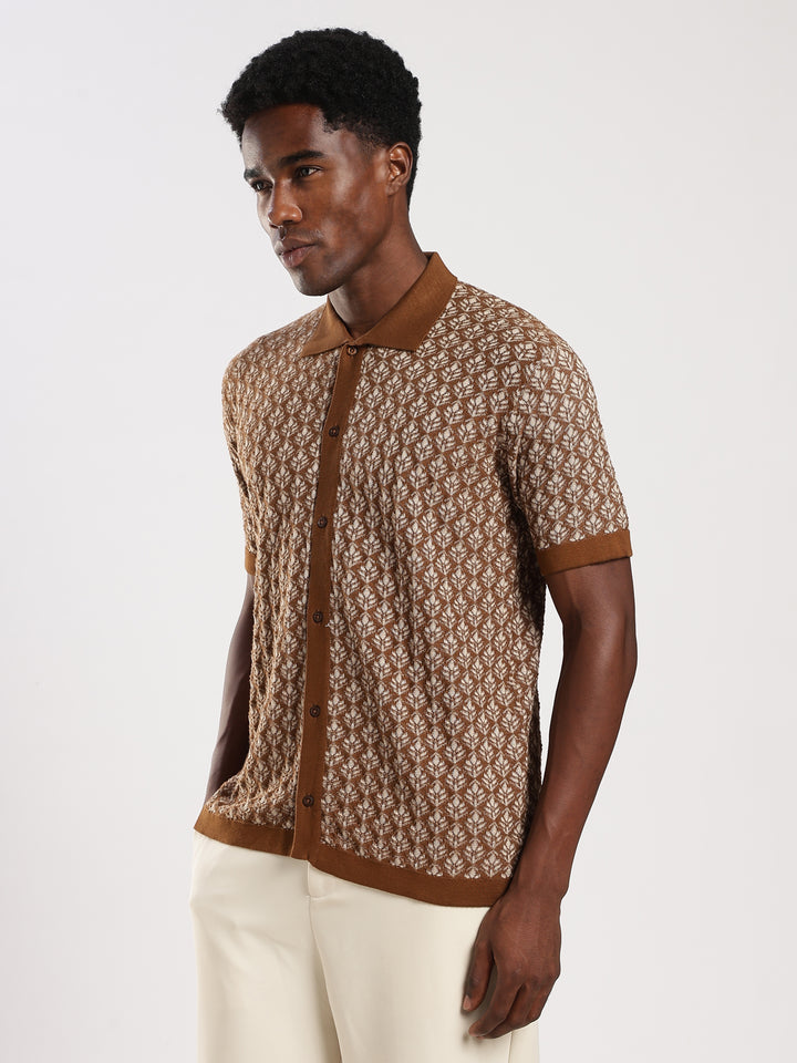Dark Brown Jacquard Regular Fit Flat Knit Shirt
