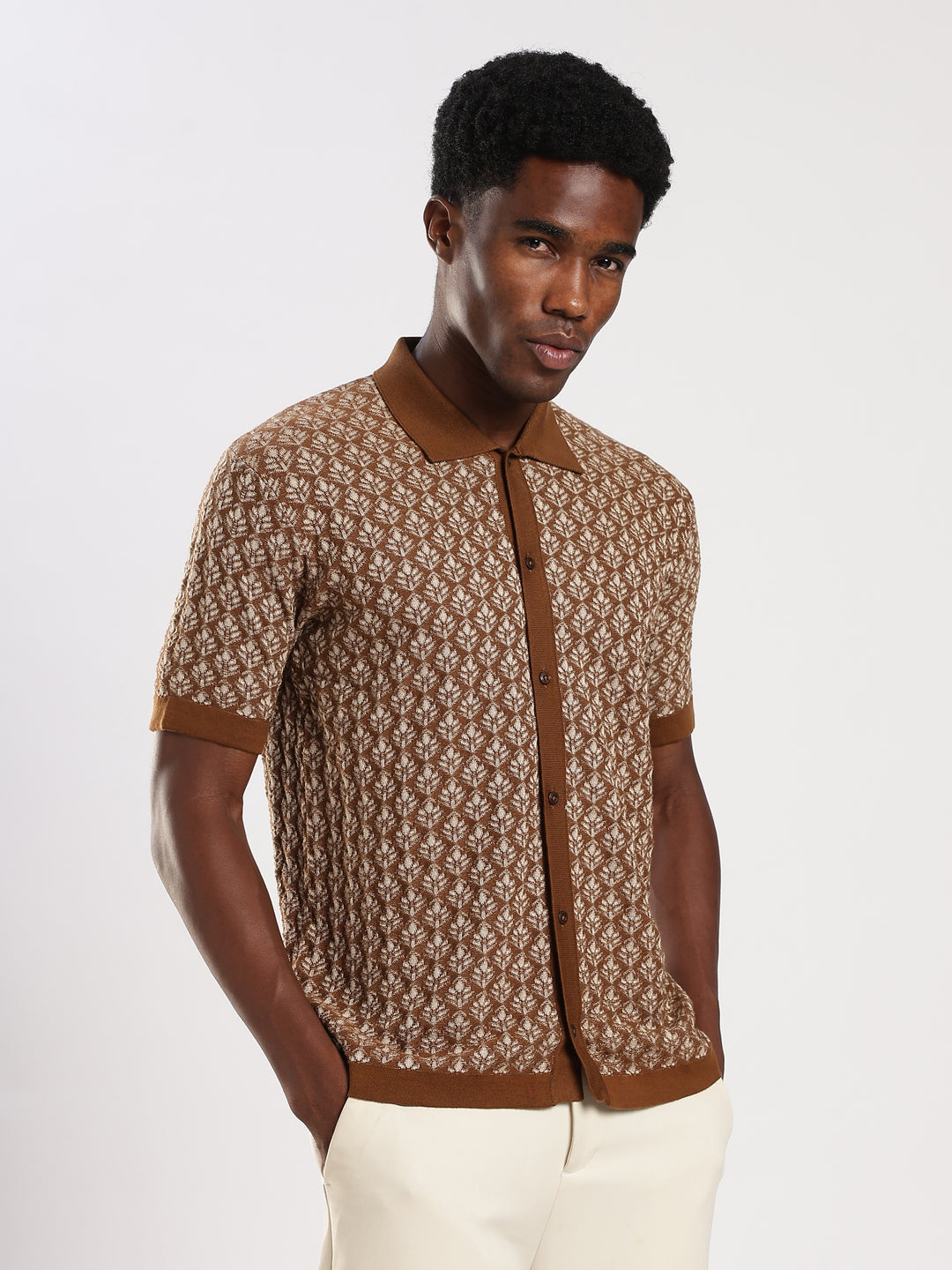Dark Brown Jacquard Regular Fit Flat Knit Shirt