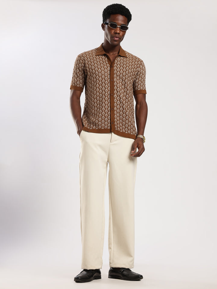 Dark Brown Jacquard Regular Fit Flat Knit Shirt