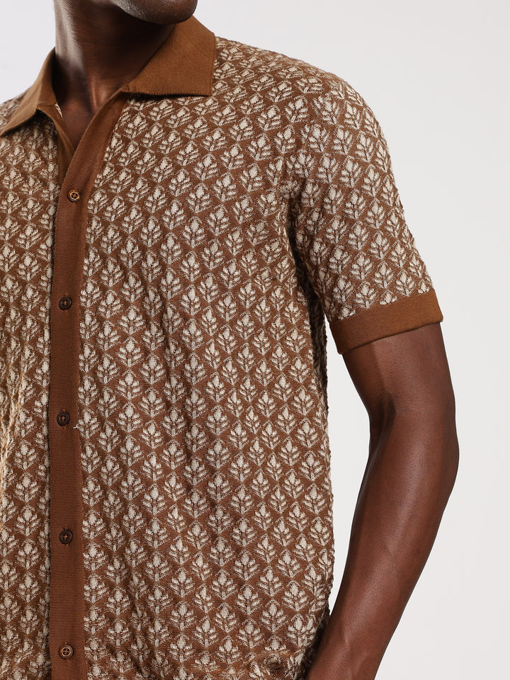 Dark Brown Jacquard Regular Fit Flat Knit Shirt