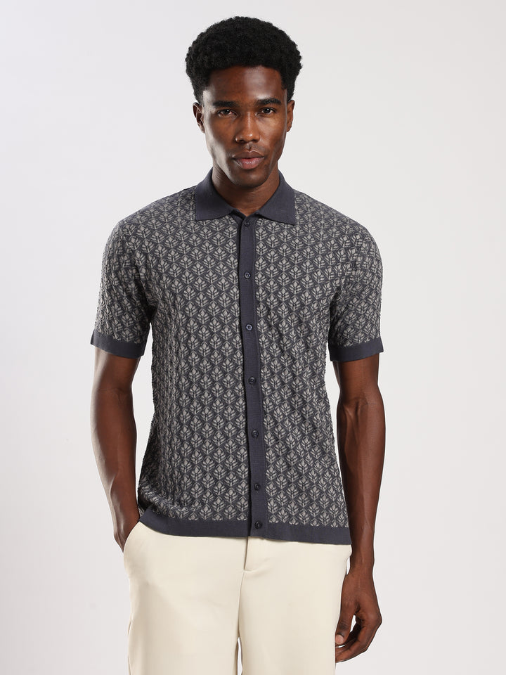 Navy Jacquard Regular Fit Flat Knit Shirt