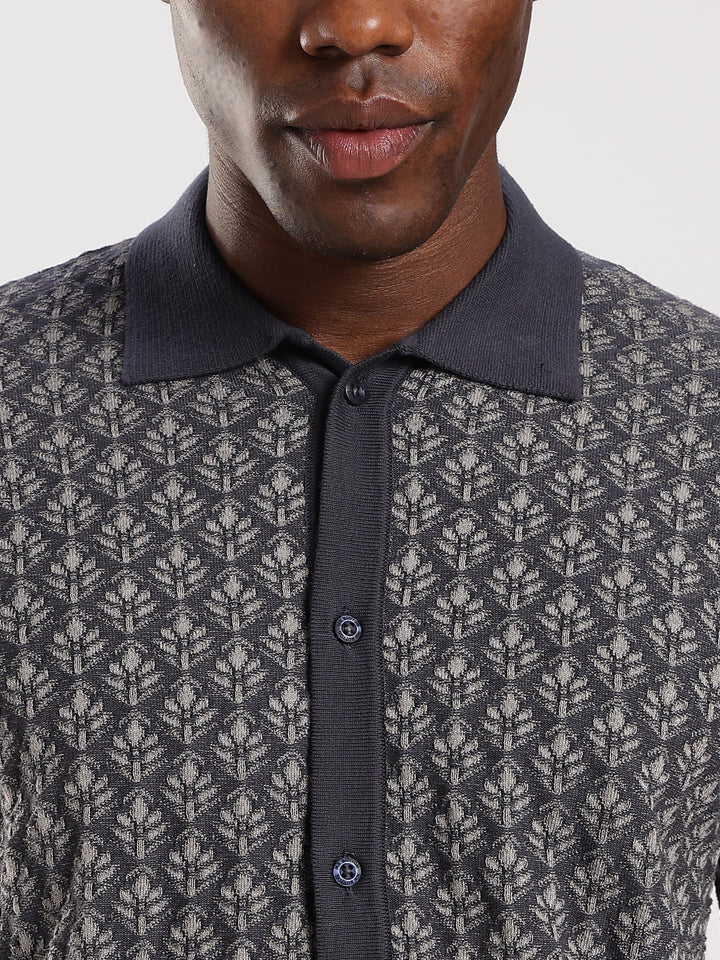 Navy Jacquard Regular Fit Flat Knit Shirt