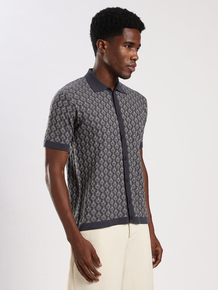 Navy Jacquard Regular Fit Flat Knit Shirt