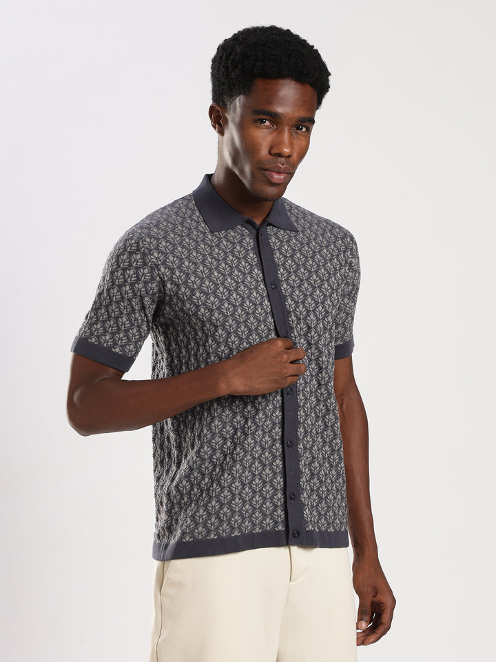 Navy Jacquard Regular Fit Flat Knit Shirt