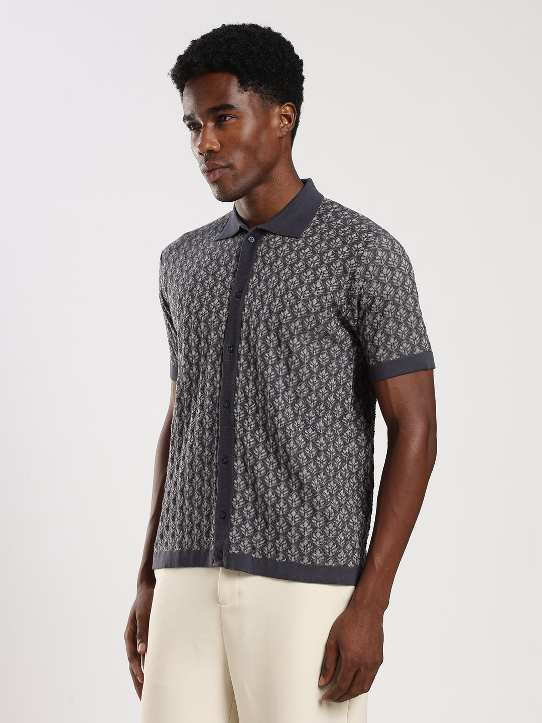 Navy Jacquard Regular Fit Flat Knit Shirt