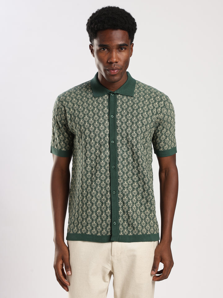 Green Jacquard Regular Fit Flat Knit Shirt