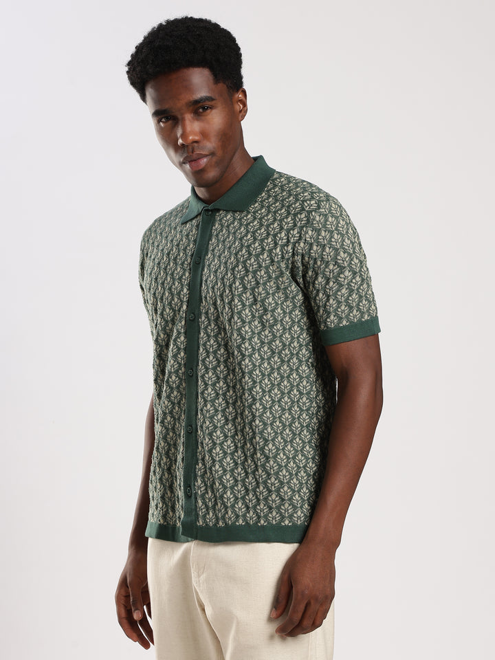 Green Jacquard Regular Fit Flat Knit Shirt