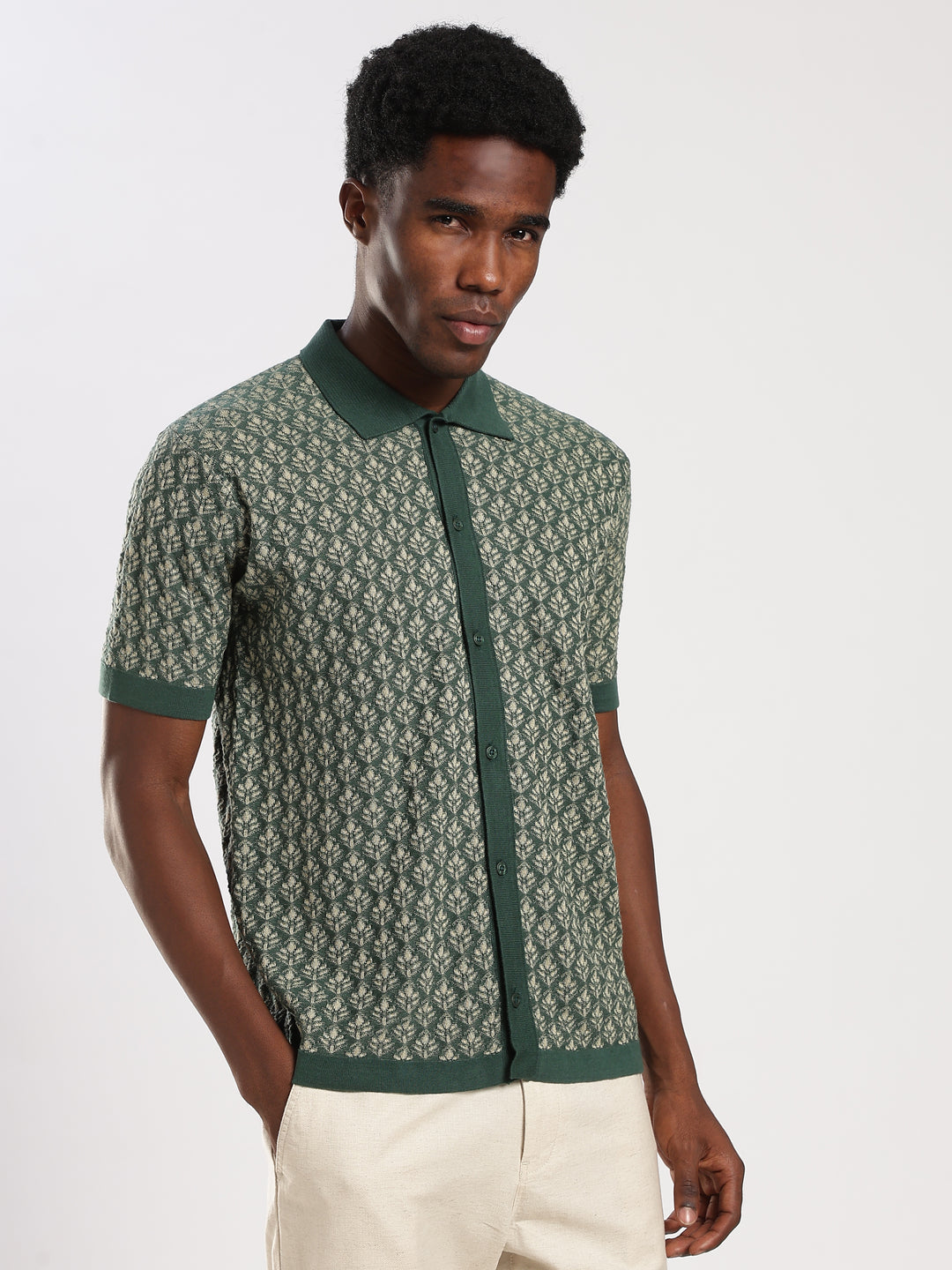 Green Jacquard Regular Fit Flat Knit Shirt