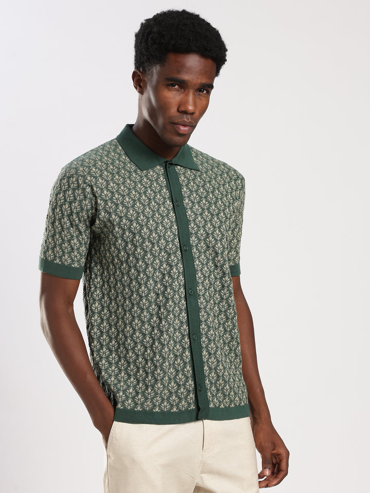 Green Jacquard Regular Fit Flat Knit Shirt