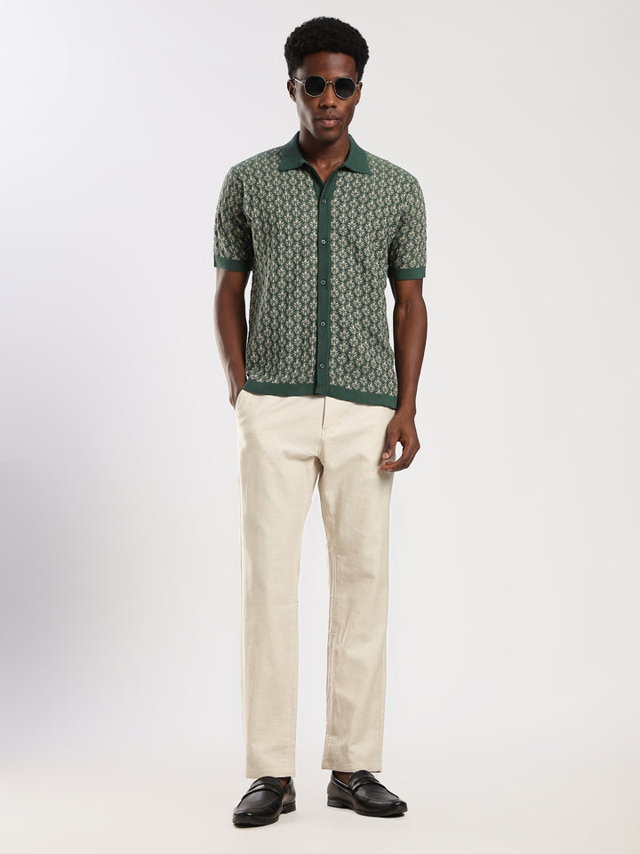 Green Jacquard Regular Fit Flat Knit Shirt