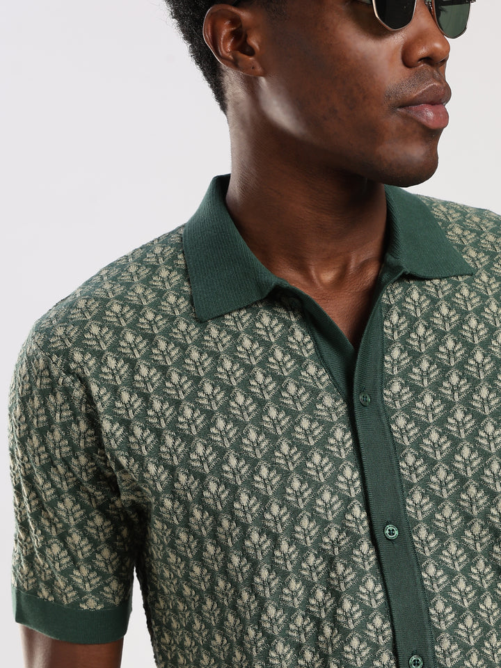 Green Jacquard Regular Fit Flat Knit Shirt