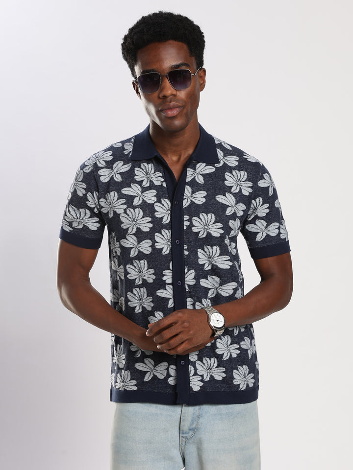 Navy Jacquard  Flat Knit Shirt