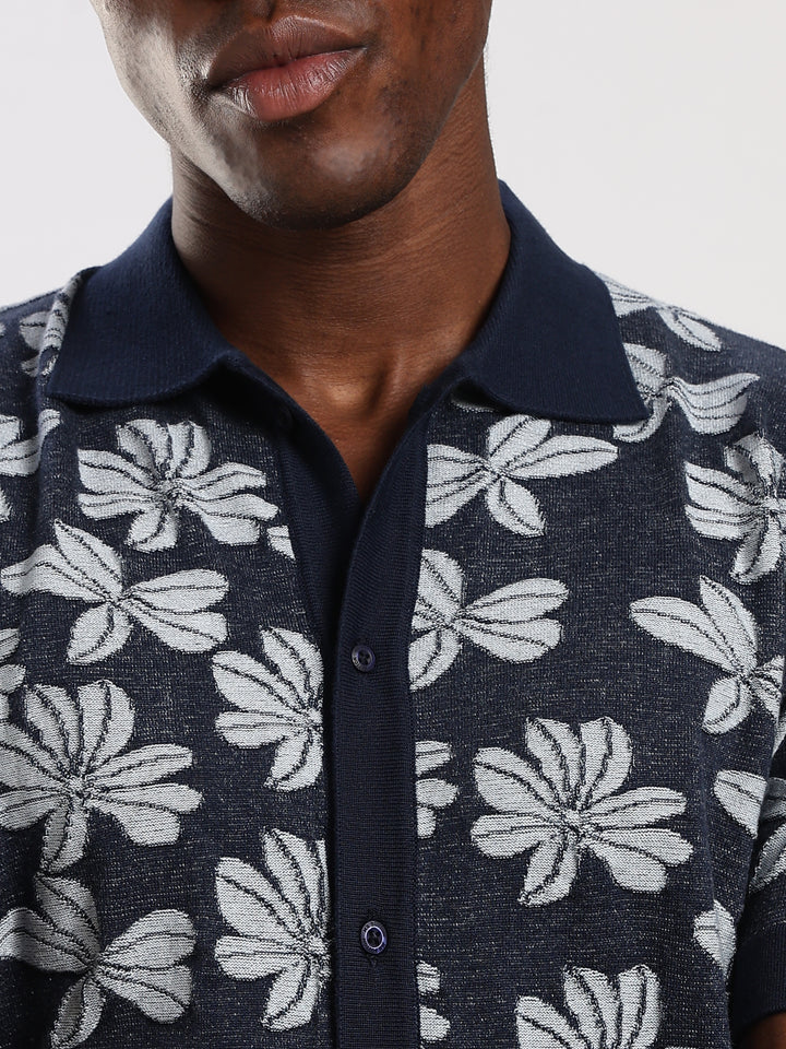 Navy Jacquard  Flat Knit Shirt