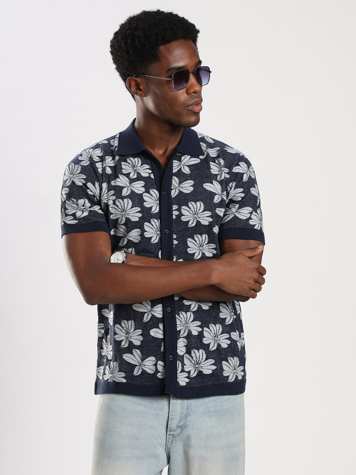 Navy Jacquard  Flat Knit Shirt