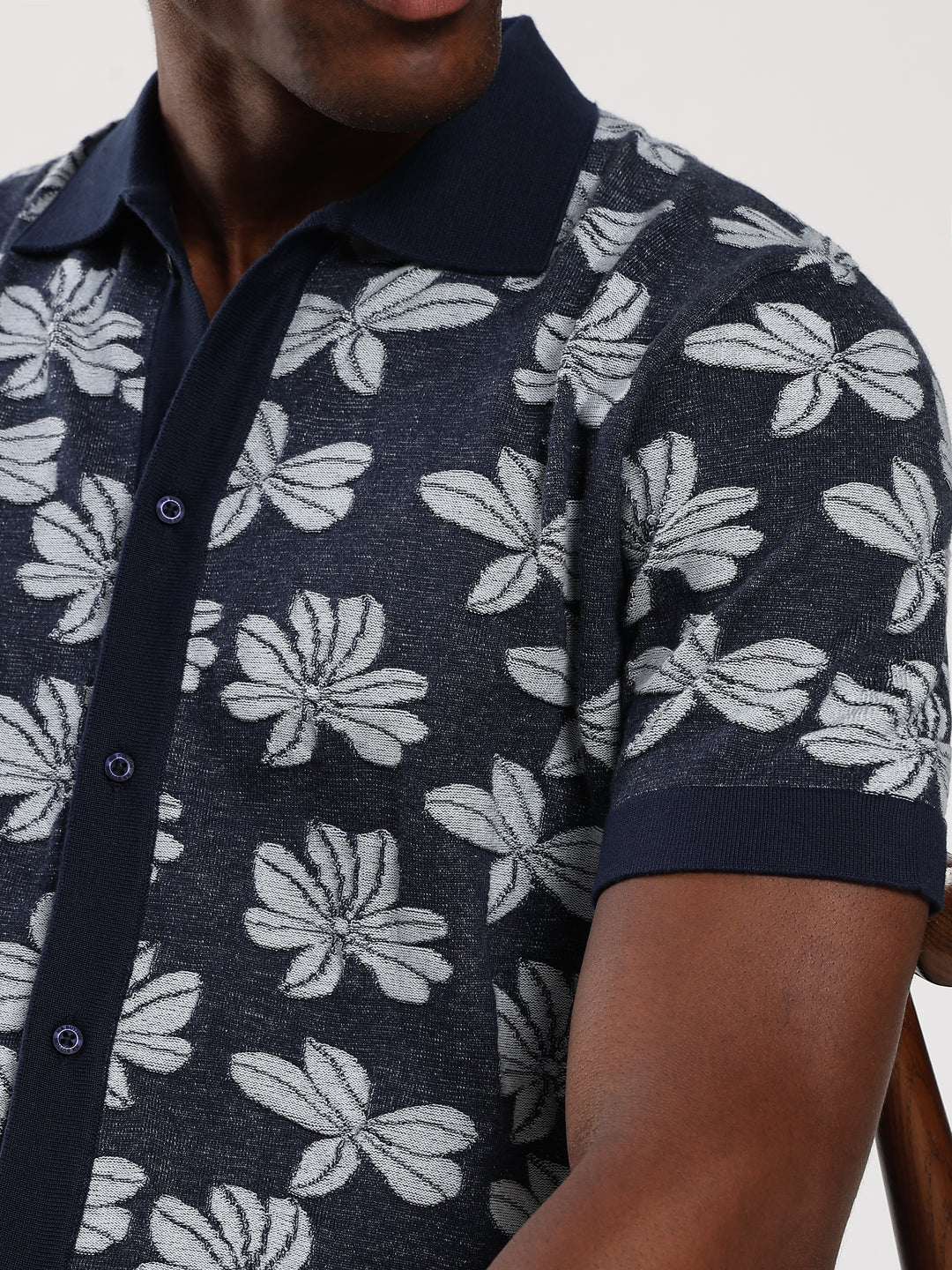 Navy Jacquard  Flat Knit Shirt