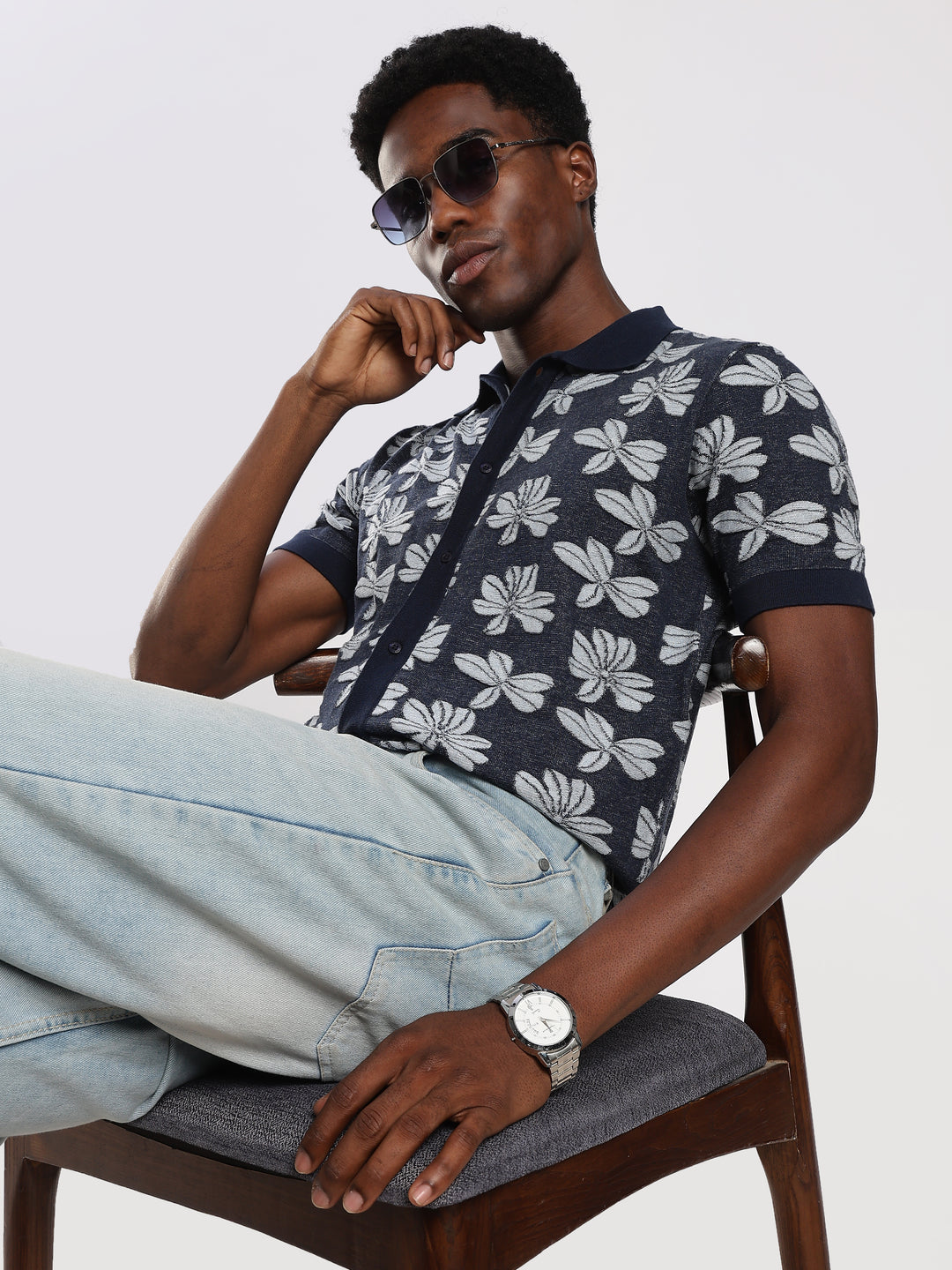 Navy Jacquard  Flat Knit Shirt