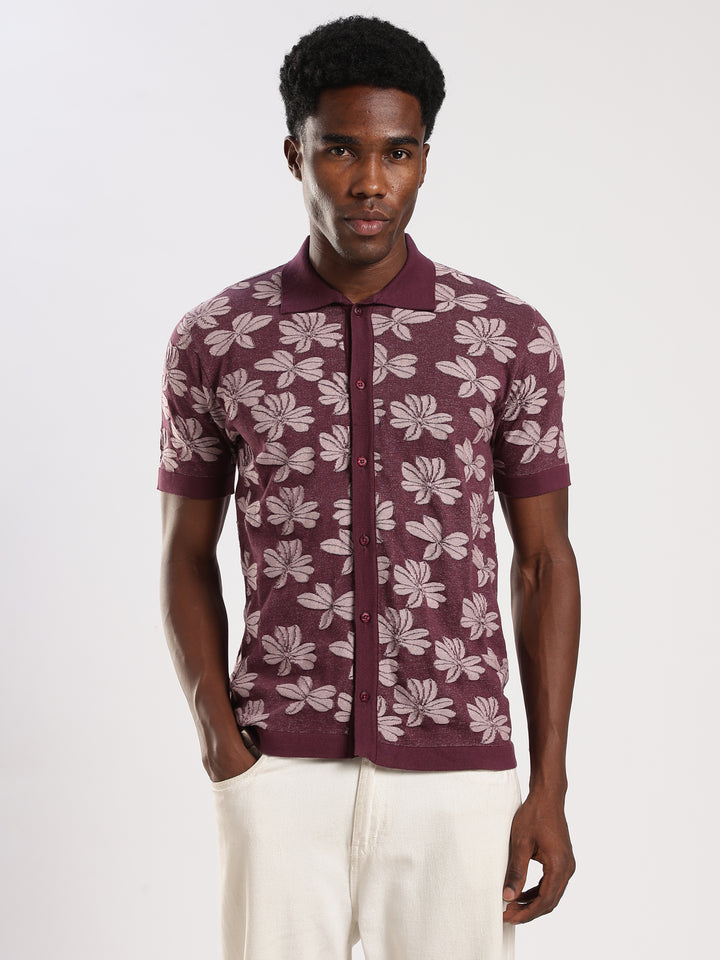 Dark Purple Jacquard Regular Fit Flat Knit Shirt