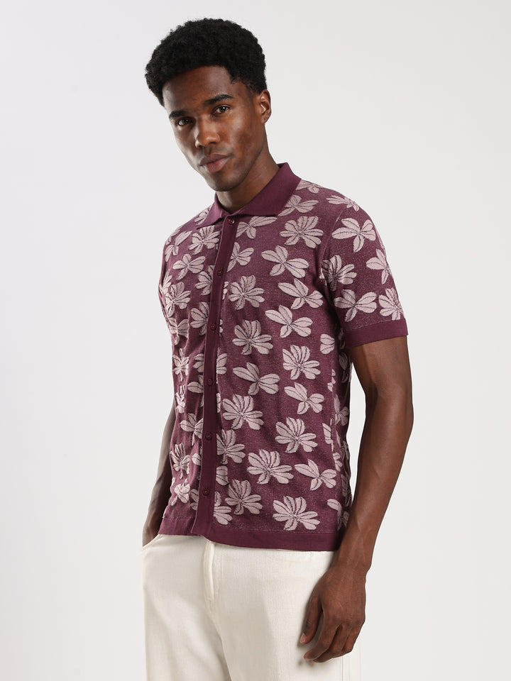 Dark Purple Jacquard Regular Fit Flat Knit Shirt