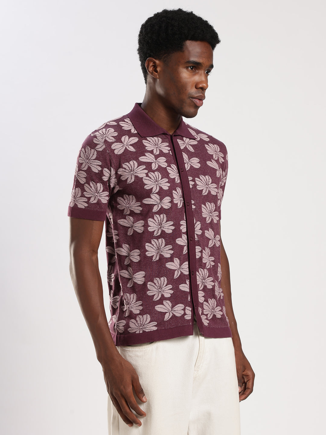Dark Purple Jacquard Regular Fit Flat Knit Shirt