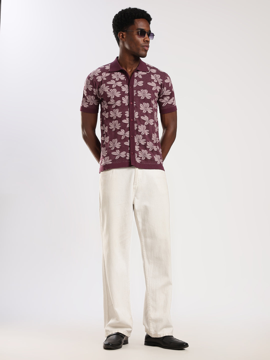 Dark Purple Jacquard Regular Fit Flat Knit Shirt