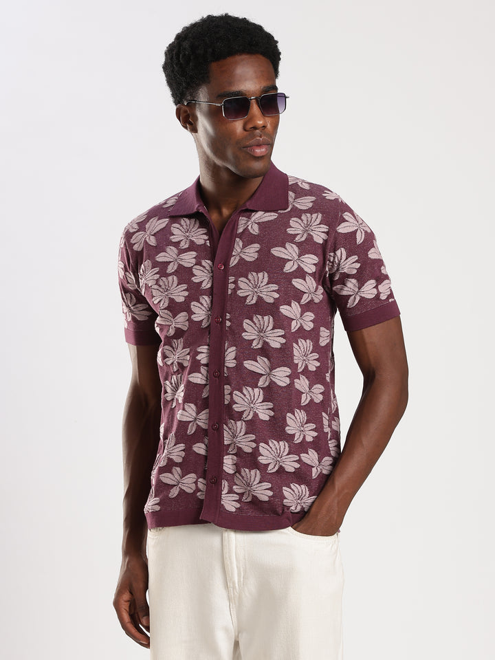 Dark Purple Jacquard Regular Fit Flat Knit Shirt