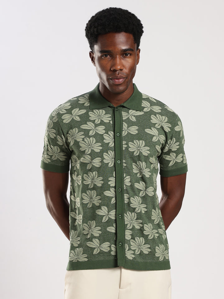 Dark Green Jacquard Regular Fit Flat Knit Shirt