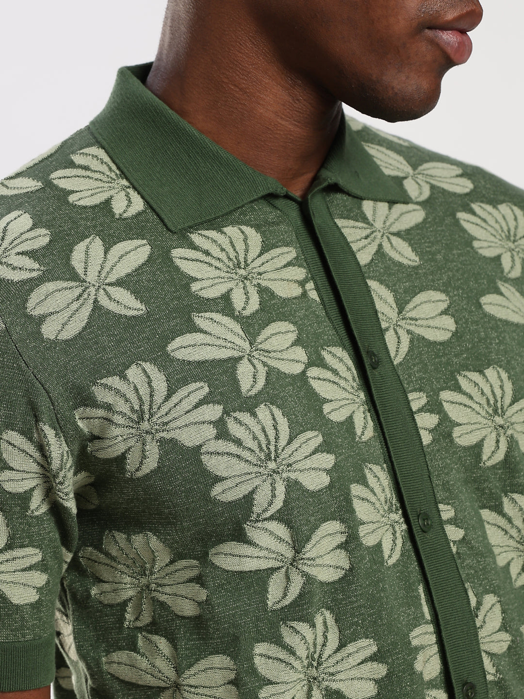 Dark Green Jacquard Regular Fit Flat Knit Shirt