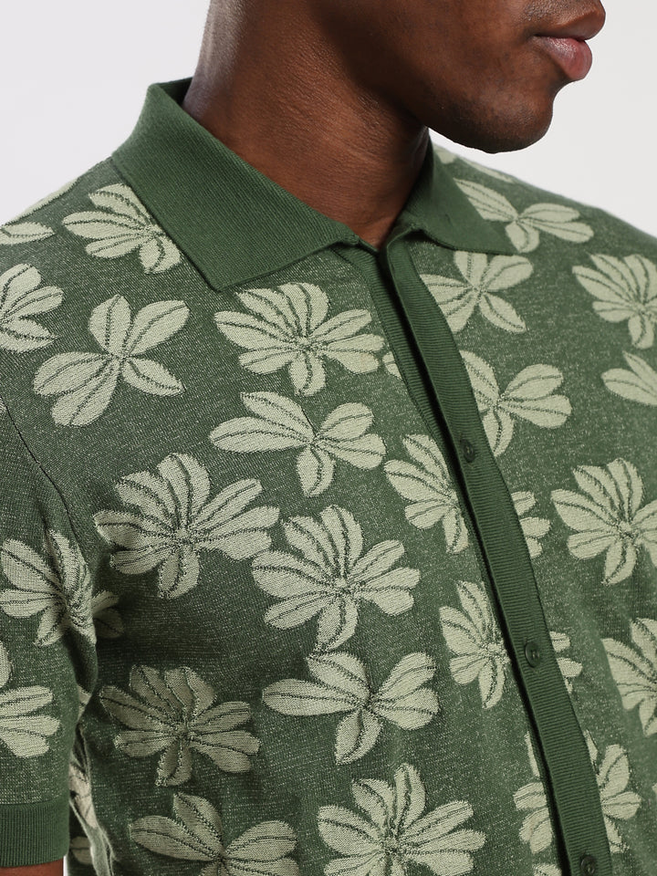 Dark Green Jacquard Regular Fit Flat Knit Shirt