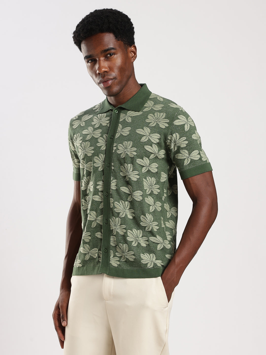 Dark Green Jacquard Regular Fit Flat Knit Shirt