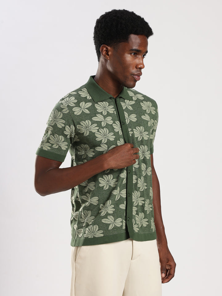 Dark Green Jacquard Regular Fit Flat Knit Shirt