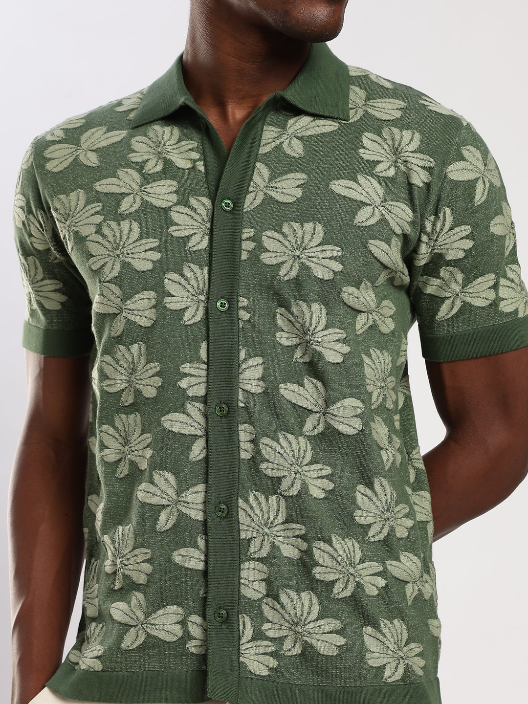 Dark Green Jacquard Regular Fit Flat Knit Shirt