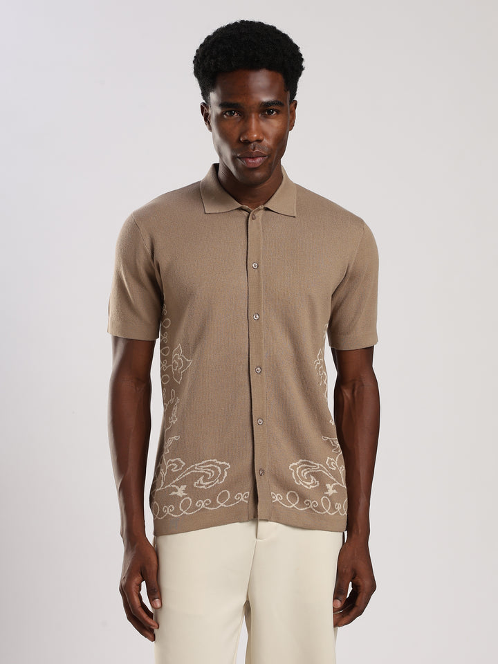 Beige Solid Regular Fit Flat Knit Shirt