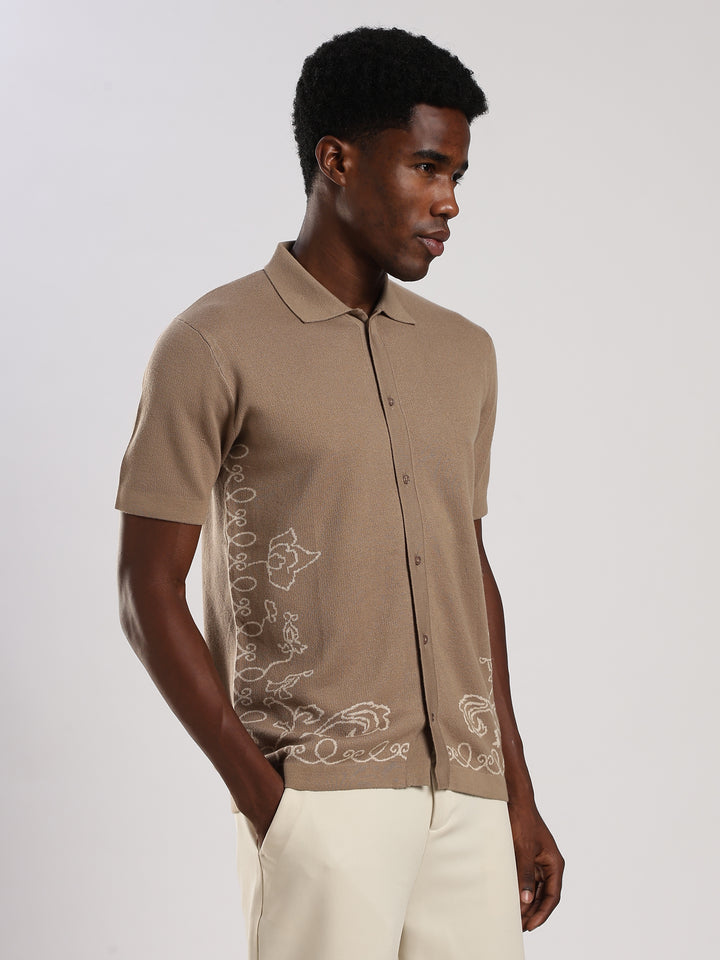 Beige Solid Regular Fit Flat Knit Shirt