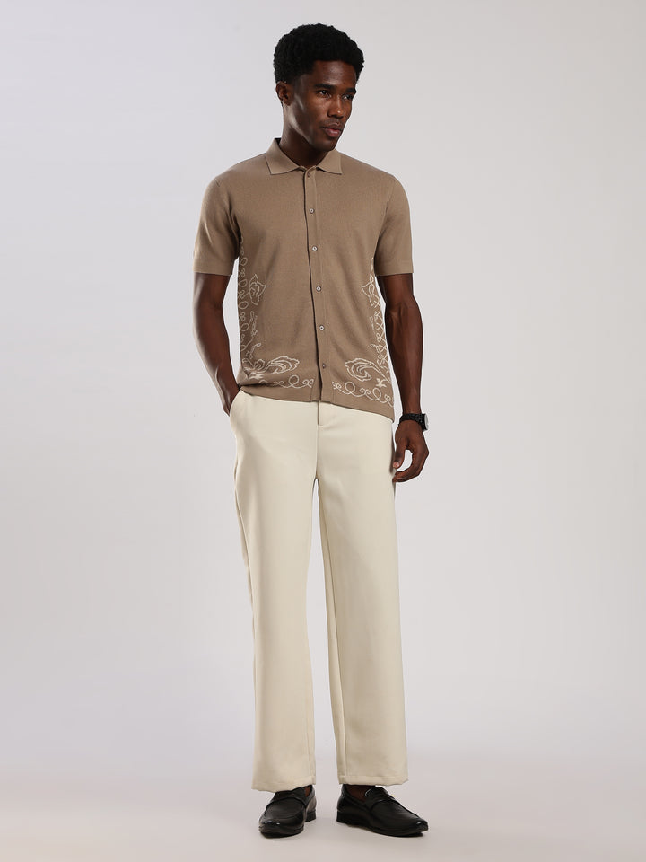 Beige Solid Regular Fit Flat Knit Shirt
