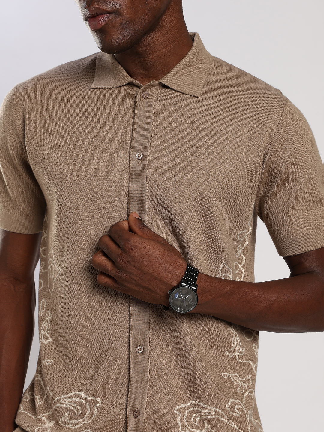 Beige Solid Regular Fit Flat Knit Shirt